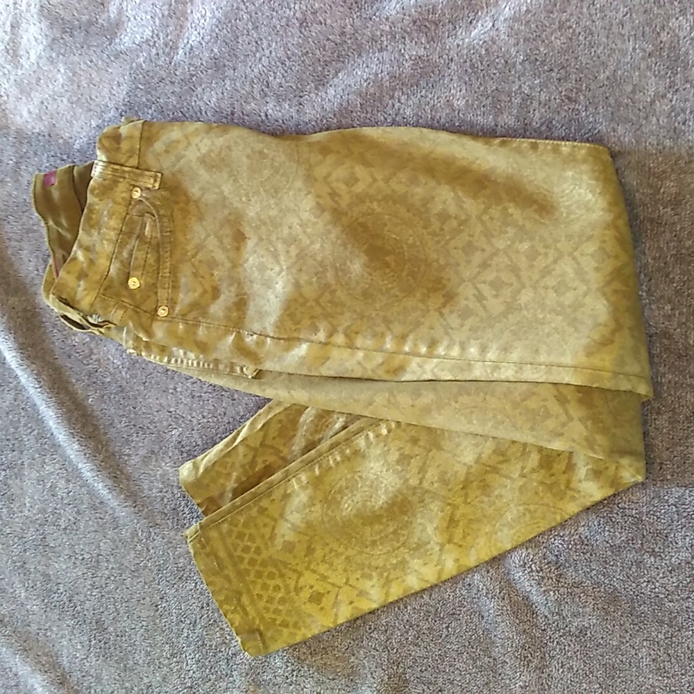 7 For All Mankind gold metallic medallion five pocket jeans
